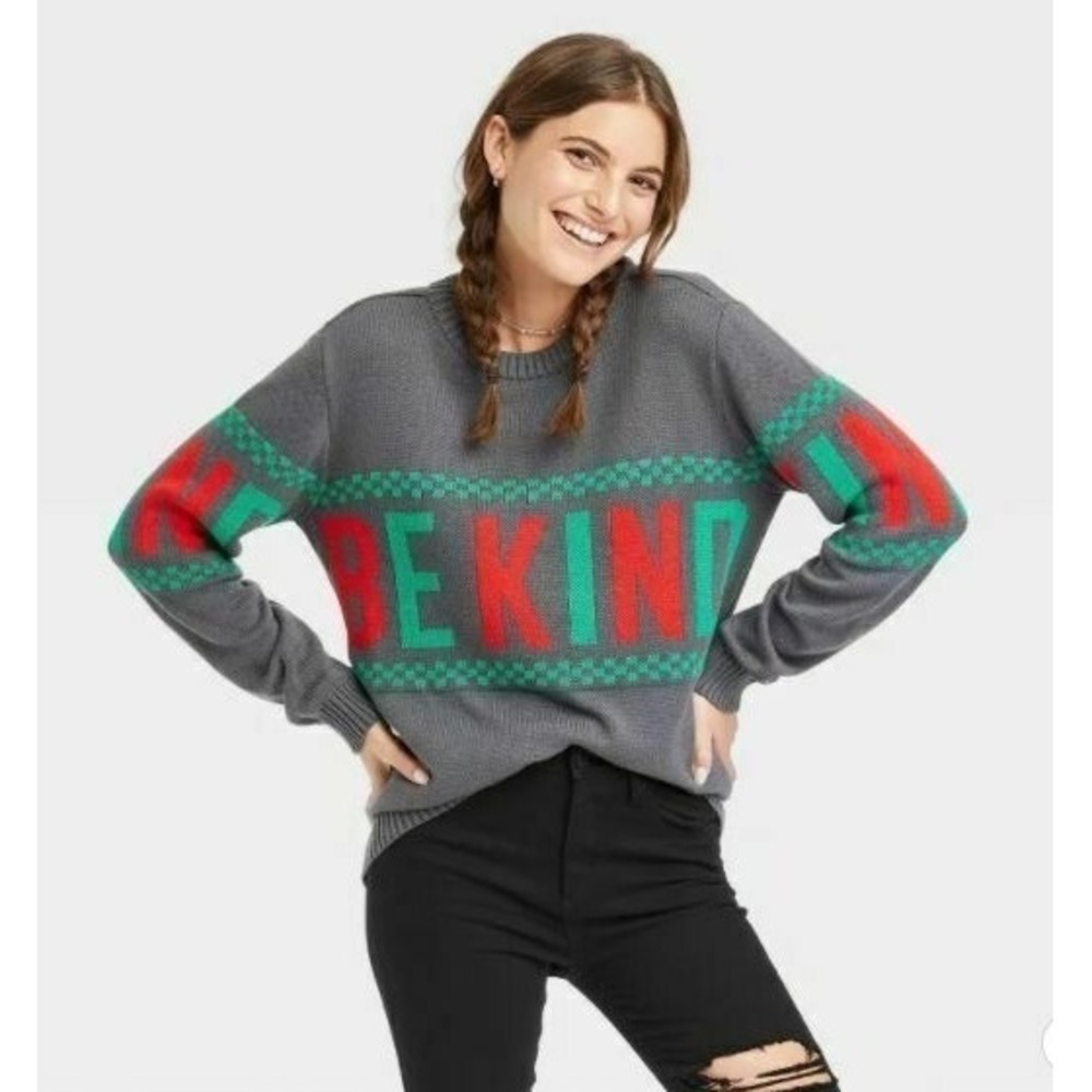 IML Be Kind Graphic Holiday Sweater Womens Medium Cotton Knit NWT